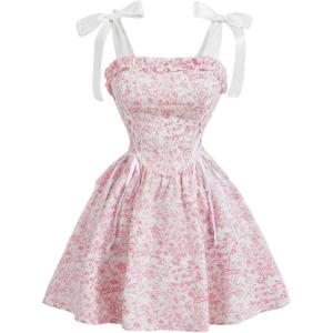imageOYOANGLE Womens Floral Lace Up Bow Tie Shoulder Short Dress Ruffle A Line Short Tank DressesPink