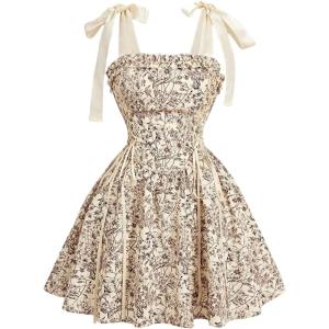 imageOYOANGLE Womens Floral Lace Up Bow Tie Shoulder Short Dress Ruffle A Line Short Tank DressesYellow