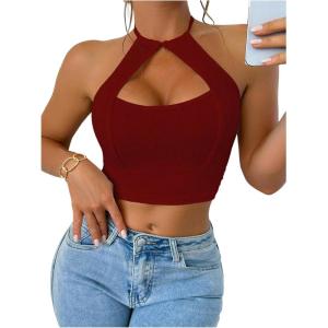 imageOYOANGLE Womens Halter Neck Crop Tops Cut Out Sleeveless Open Back Fitted Party TopsBurgundy