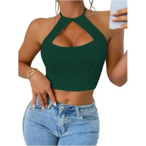 imageOYOANGLE Womens Halter Neck Crop Tops Cut Out Sleeveless Open Back Fitted Party TopsDark Green