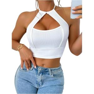 imageOYOANGLE Womens Halter Neck Crop Tops Cut Out Sleeveless Open Back Fitted Party TopsWhite