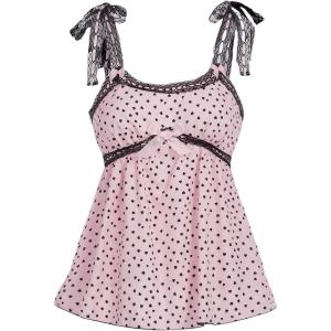 imageOYOANGLE Womens Heart Print Lace Tie Shoulder Babydoll Tank Top Bow Scoop Neck Sleeveless Peplum TopsPink