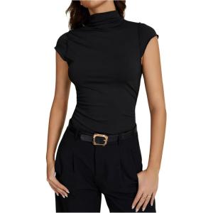 imageOYOANGLE Womens High Neck Cap Sleeve Ruched TShirt Basic Solid Summer Tight TopsBlack
