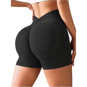 imageOYOANGLE Womens High Waisted Scrunch Booty Shorts Seamless Yoga Workout ShortsBlack