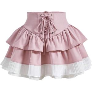imageOYOANGLE Womens Lace Up High Waist Ruffle Skirt Cute Tiered Layered Mini Flared SkirtsPink