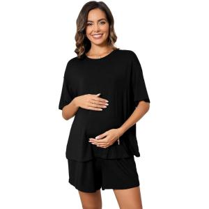 imageOYOANGLE Womens Maternity 2 Pieces Pajamas Outfits Loose Short Sleeve Tshirt Top and Shorts LoungewearBlack Solid