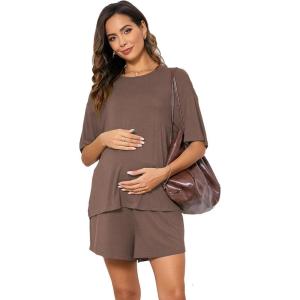 imageOYOANGLE Womens Maternity 2 Pieces Pajamas Outfits Loose Short Sleeve Tshirt Top and Shorts LoungewearBrown