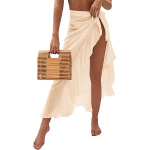 imageOYOANGLE Womens Mesh Sheer Swimsuit Cover Up Ruffle Tie Side Beach Sarong Wrap Long SkirtApricot Solid