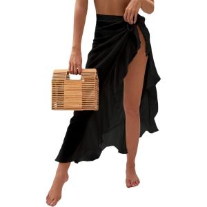 imageOYOANGLE Womens Mesh Sheer Swimsuit Cover Up Ruffle Tie Side Beach Sarong Wrap Long SkirtBlack
