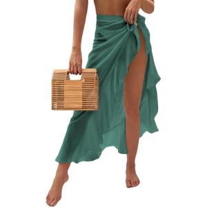 imageOYOANGLE Womens Mesh Sheer Swimsuit Cover Up Ruffle Tie Side Beach Sarong Wrap Long SkirtGreen Solid