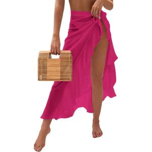 imageOYOANGLE Womens Mesh Sheer Swimsuit Cover Up Ruffle Tie Side Beach Sarong Wrap Long SkirtHot Pink