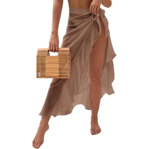 imageOYOANGLE Womens Mesh Sheer Swimsuit Cover Up Ruffle Tie Side Beach Sarong Wrap Long SkirtKhaki