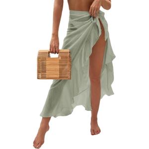 imageOYOANGLE Womens Mesh Sheer Swimsuit Cover Up Ruffle Tie Side Beach Sarong Wrap Long SkirtLight Green