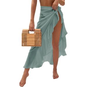 imageOYOANGLE Womens Mesh Sheer Swimsuit Cover Up Ruffle Tie Side Beach Sarong Wrap Long SkirtPure Green