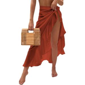 imageOYOANGLE Womens Mesh Sheer Swimsuit Cover Up Ruffle Tie Side Beach Sarong Wrap Long SkirtRed Solid
