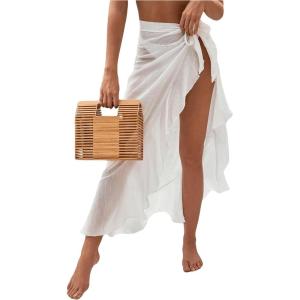imageOYOANGLE Womens Mesh Sheer Swimsuit Cover Up Ruffle Tie Side Beach Sarong Wrap Long SkirtWhite