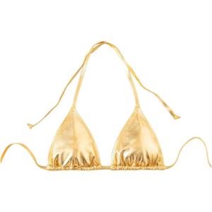 imageOYOANGLE Womens Metallic Halter Bikini Tops Self Tie Backless Swimsuit Triangle TopGold