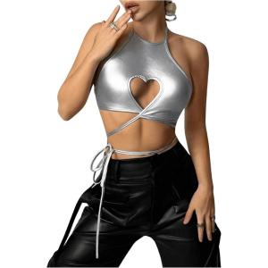 imageOYOANGLE Womens Metallic Heart Cut Out Halter Top Strappy Backless Fitted Y2K Crop Tank Tops StreetwearSilver