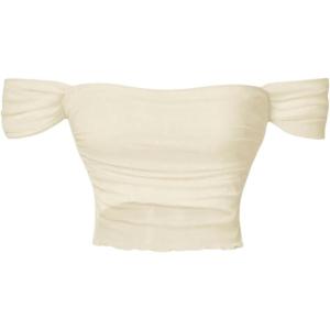 imageOYOANGLE Womens Off Shoulder Ruched Lettuce Trim Mesh Short Sleeve Tee Shirts Solid Slim Fit Crop TopsApricot