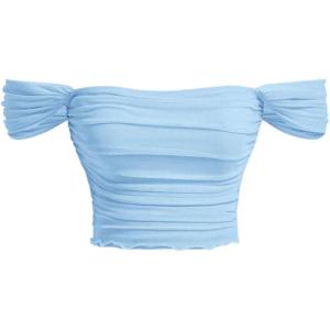 imageOYOANGLE Womens Off Shoulder Ruched Lettuce Trim Mesh Short Sleeve Tee Shirts Solid Slim Fit Crop TopsBlue