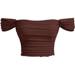 imageOYOANGLE Womens Off Shoulder Ruched Lettuce Trim Mesh Short Sleeve Tee Shirts Solid Slim Fit Crop TopsCoffee Brown