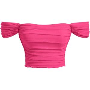 imageOYOANGLE Womens Off Shoulder Ruched Lettuce Trim Mesh Short Sleeve Tee Shirts Solid Slim Fit Crop TopsHot Pink