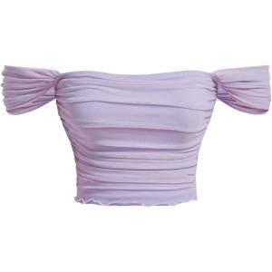 imageOYOANGLE Womens Off Shoulder Ruched Lettuce Trim Mesh Short Sleeve Tee Shirts Solid Slim Fit Crop TopsLilac Purple