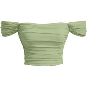 imageOYOANGLE Womens Off Shoulder Ruched Lettuce Trim Mesh Short Sleeve Tee Shirts Solid Slim Fit Crop TopsLime Green