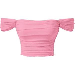 imageOYOANGLE Womens Off Shoulder Ruched Lettuce Trim Mesh Short Sleeve Tee Shirts Solid Slim Fit Crop TopsPink