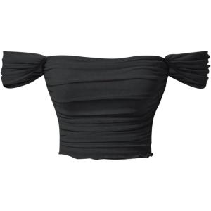 imageOYOANGLE Womens Off Shoulder Ruched Lettuce Trim Mesh Short Sleeve Tee Shirts Solid Slim Fit Crop TopsSolid Black