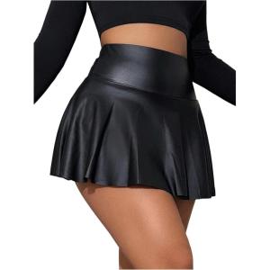 imageOYOANGLE Womens Pu Leather Elastic High Waist Skorts Ruffle Hem Casual Flared Skirt ShortsBlack