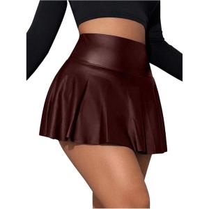 imageOYOANGLE Womens Pu Leather Elastic High Waist Skorts Ruffle Hem Casual Flared Skirt ShortsRust Brown