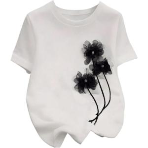 imageOYOANGLE Womens Round Neck Short Sleeve T Shirt 3D Flower Appliques Regular Fit Trendy Casual Tee TopsBlack and White
