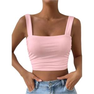 imageOYOANGLE Womens Ruched Sleeveless Crop Tank Top Square Neck Backless Fitted Summer Cami TopsPink