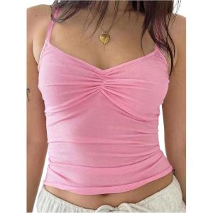 imageOYOANGLE Womens Ruched Spaghetti Strap Crop Top Y2k V Neck Sleeveless Fitted Cami TopsPink