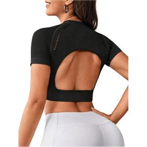 imageOYOANGLE Womens Short Sleeve Open Back Workout Tops Rib Knit Crew Neck Crop Top Sports Yoga ShirtsBlack