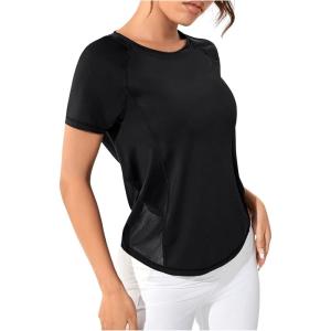 imageOYOANGLE Womens Short Sleeve Workout Tops Mesh Raglan Sleeve Athletic Gym Shirts Yoga TopBlack