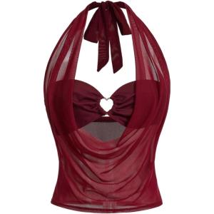 imageOYOANGLE Womens Summer Sheer Halter Crop Top Y2K Sleeveless Mesh Top Going Out ClubwearBurgundy
