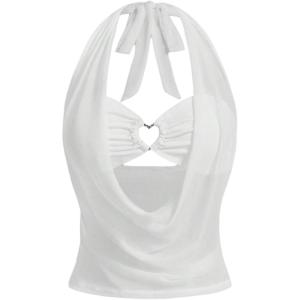 imageOYOANGLE Womens Summer Sheer Halter Crop Top Y2K Sleeveless Mesh Top Going Out ClubwearWhite