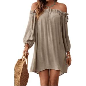imageOYOANGLE Womens Swimsuit Cover Ups Off Shoulder Long Sleeve Beach Dress Frill Trim SwimwearKhaki