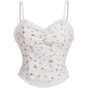 imageOYOANGLE Womens Textured Ditsy Floral Crop Cami Top Boho Frilled Trim V Neck Sleeveless TopsWhite