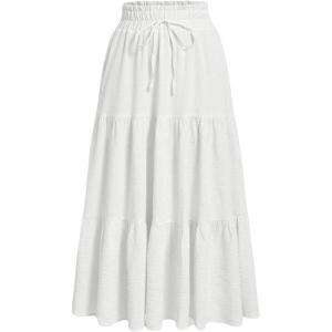 imageOYOANGLE Womens Tie Front Pleated Long Skirt Elastic High Waist A Line Flowy Casual Maxi SkirtsWhite