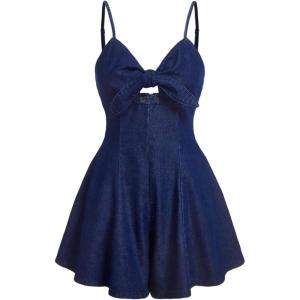 imageOYOANGLE Womens Vintage Bowknot Spaghetti Strap Denim Romper Sleeveless Wide Leg Jean Short JumpsuitsDark Wash