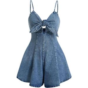imageOYOANGLE Womens Vintage Bowknot Spaghetti Strap Denim Romper Sleeveless Wide Leg Jean Short JumpsuitsLight Wash