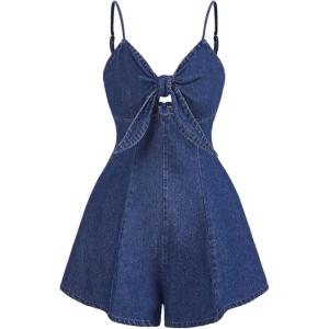 imageOYOANGLE Womens Vintage Bowknot Spaghetti Strap Denim Romper Sleeveless Wide Leg Jean Short JumpsuitsMedium Wash