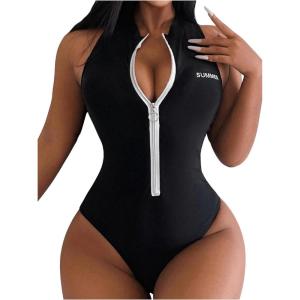 imageOYOANGLE Womens Zip Up Racer Back One Piece Swimsuit Crew Neck Sleeveless Monokini SwimwearBlack