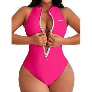imageOYOANGLE Womens Zip Up Racer Back One Piece Swimsuit Crew Neck Sleeveless Monokini SwimwearHot Pink