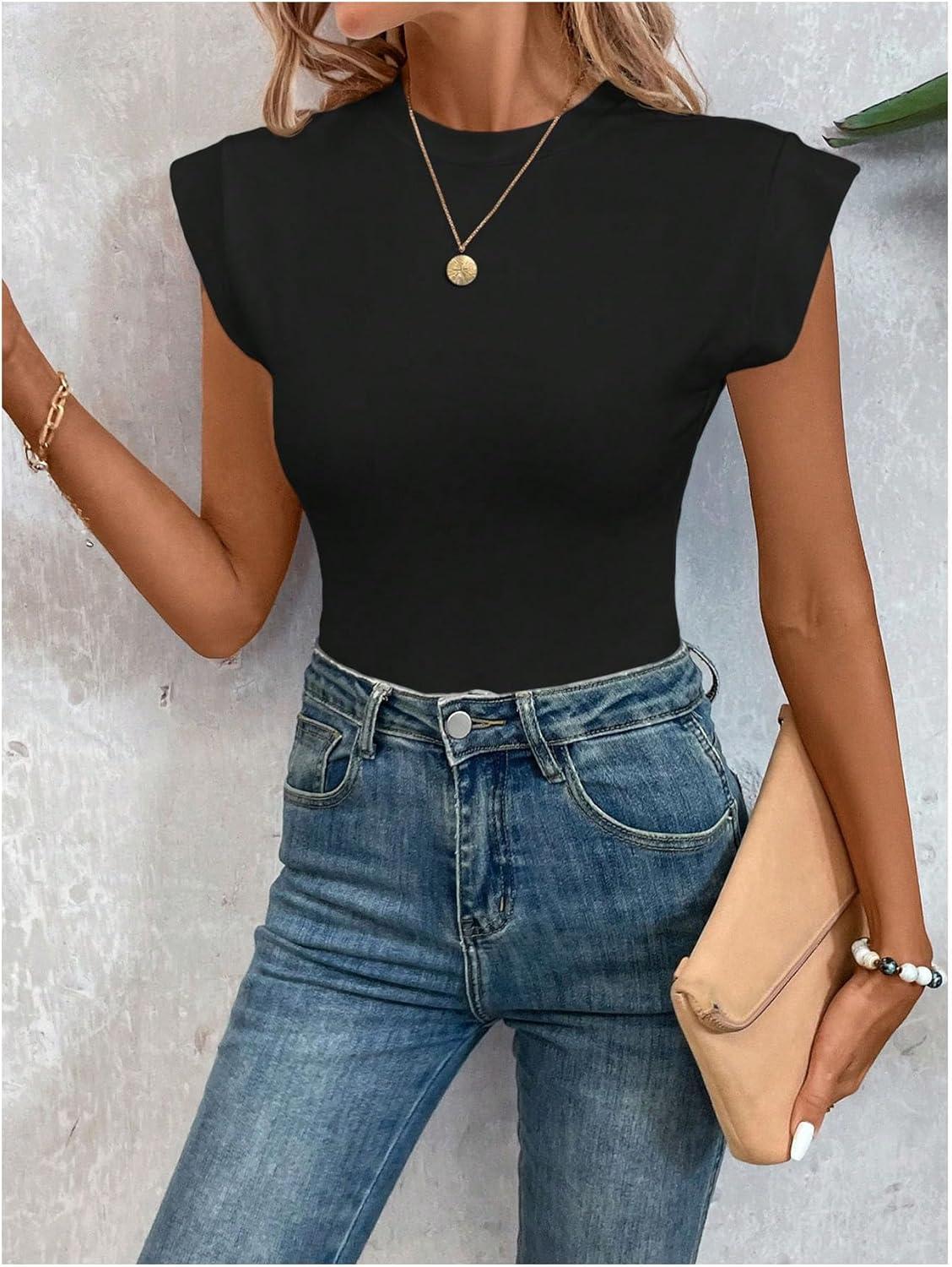 imageOYOANGLE Womens Cap Sleeve Shoulder Padded Bodysuit Top Crew Neck Fitted T Shirt Body SuitsBlack