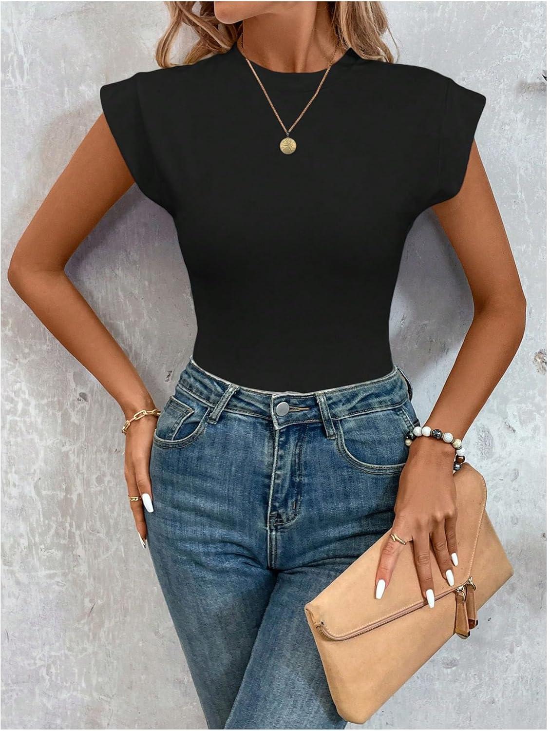 imageOYOANGLE Womens Cap Sleeve Shoulder Padded Bodysuit Top Crew Neck Fitted T Shirt Body SuitsBlack
