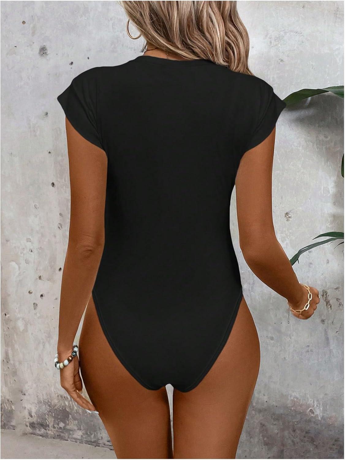 imageOYOANGLE Womens Cap Sleeve Shoulder Padded Bodysuit Top Crew Neck Fitted T Shirt Body SuitsBlack